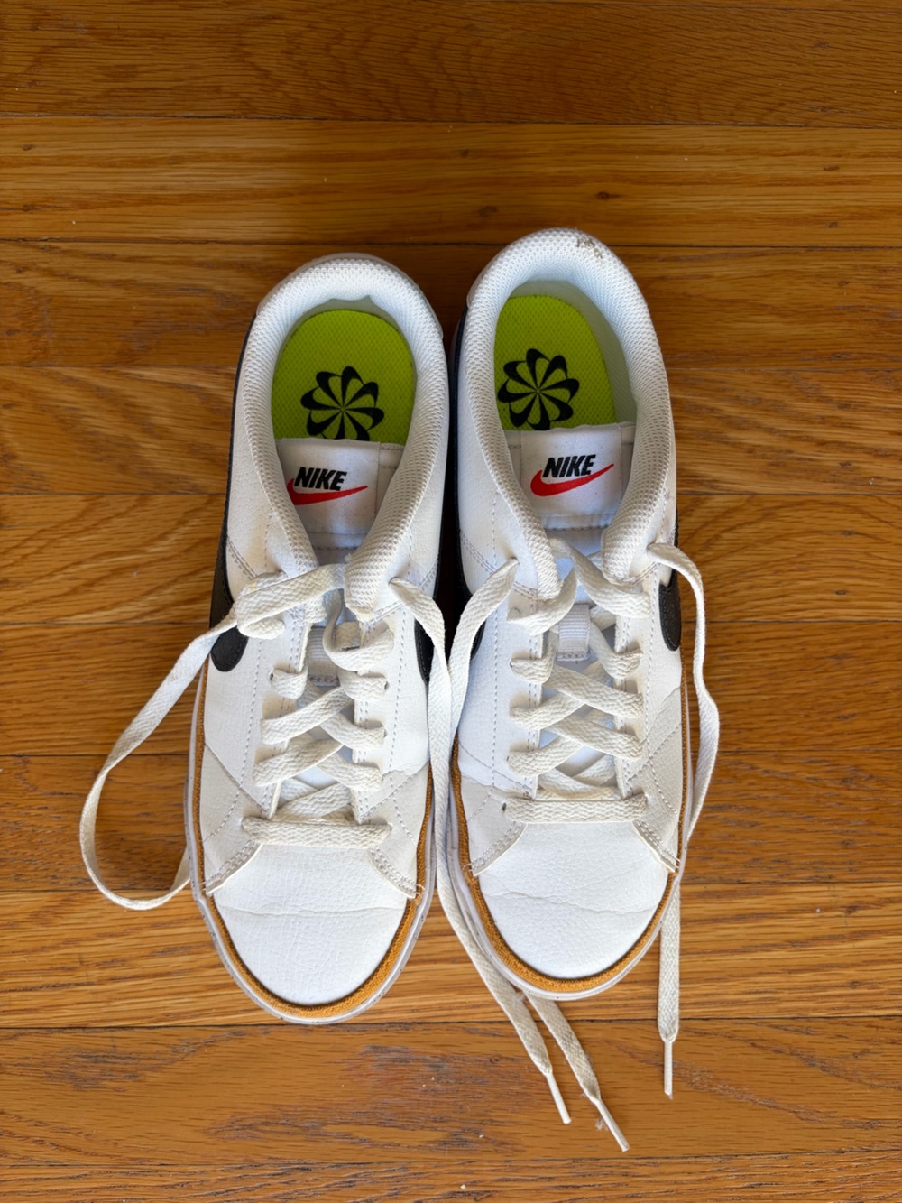 Nike Court Legacy White Sneakers with Black Swoosh and Lime Insoles 8.5